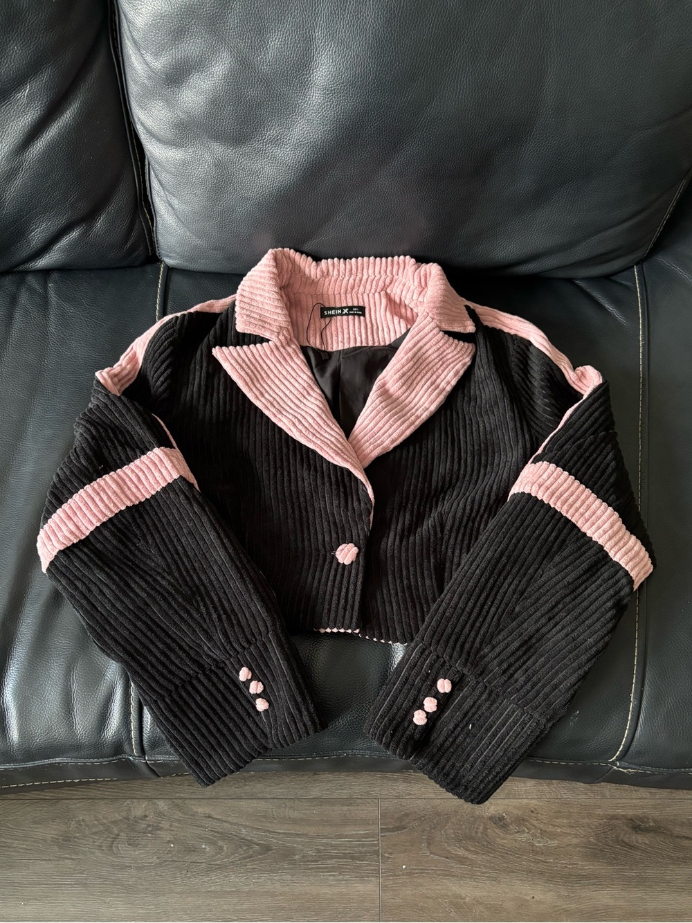 SHEIN Black and Pink Corduroy Cropped Blazer